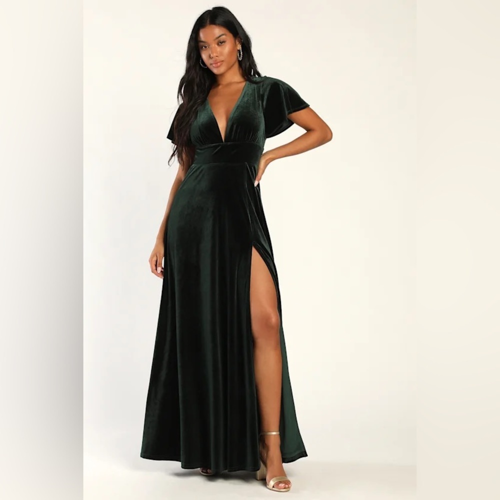 Lulus Stunning Days Emerald Velvet Flutter Sleeve Maxi Dress | XS NWT
